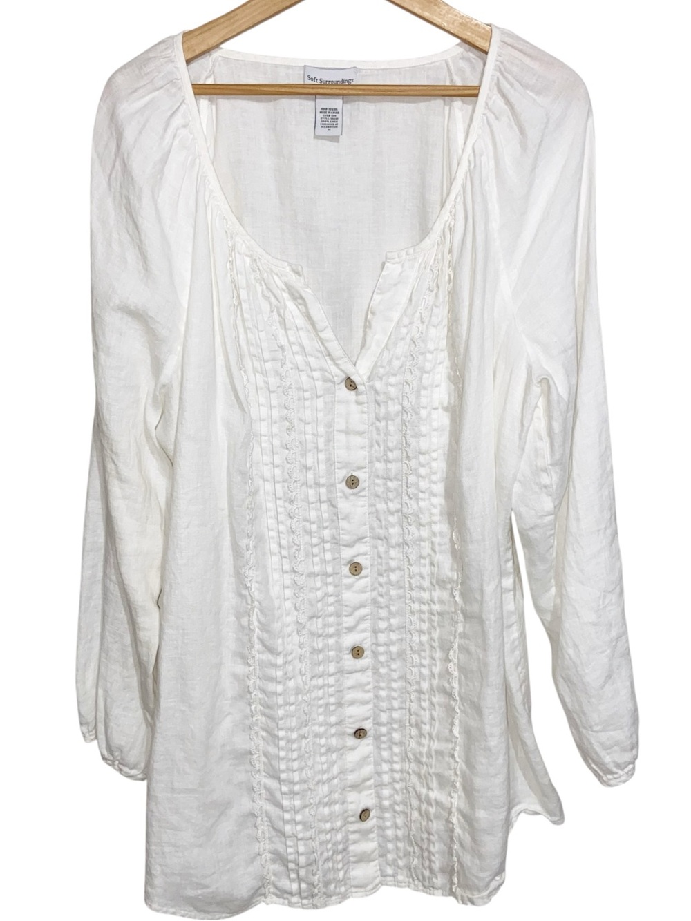 Soft Surroundings Tunic Top Womens 1X  Linen Boho Roll Tab Pintuck Lagenlook